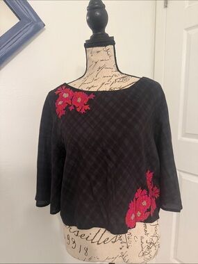 Bombay Paisley Black Plaid Blouse with Pink Floral Appliqué